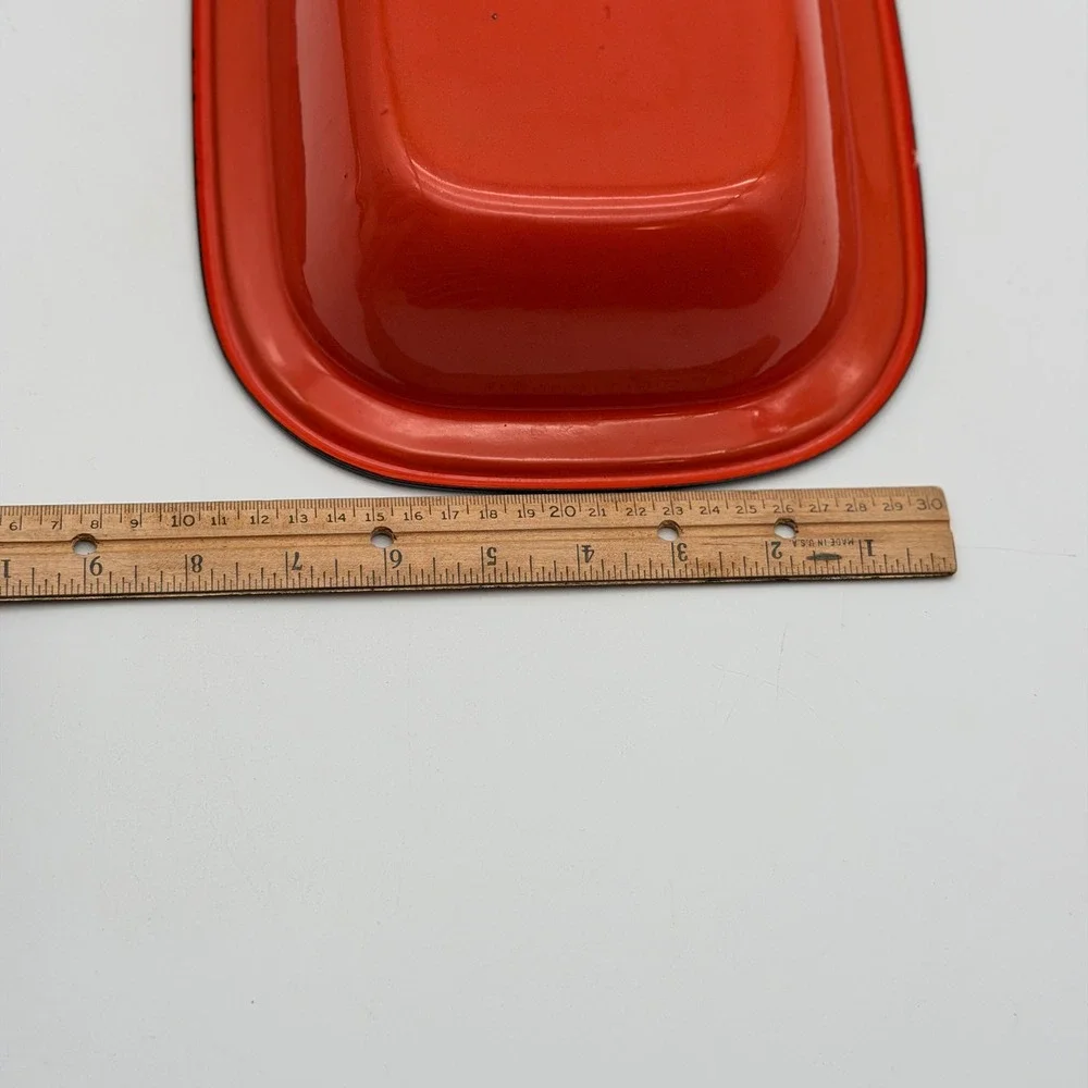 Vintage Orange Enamelware Loaf Pan Rectangular Baking Dish Black Trim 10.5 Inch